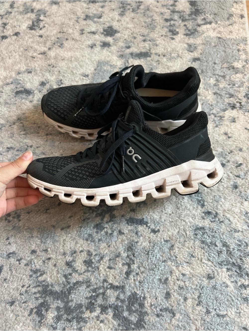 On Cloud Black Running Sneakers with White Soles. Size 6
